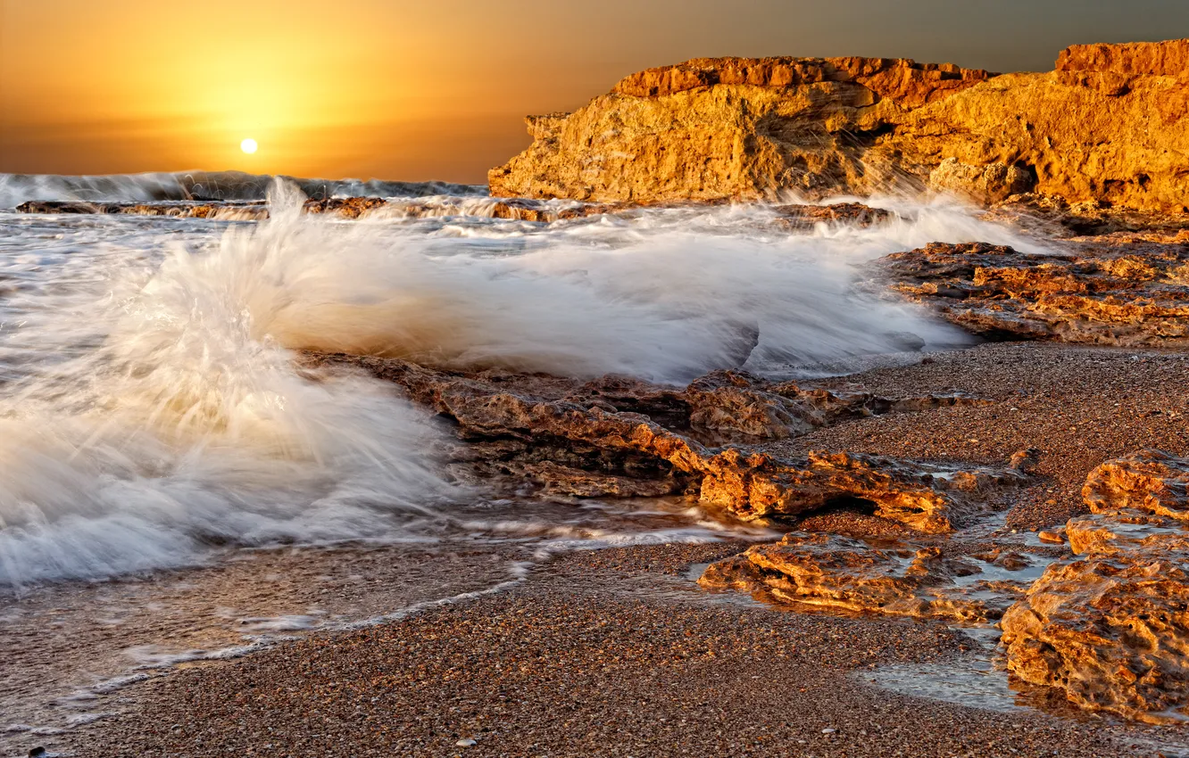 Photo wallpaper sea, wave, the sun, squirt, rock, stones, dawn, shore