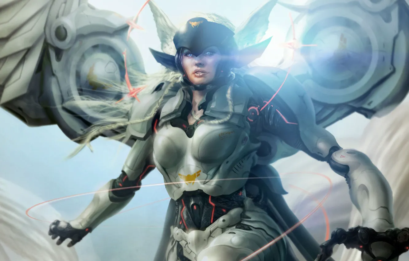 Photo wallpaper girl, light, mechanism, wings, angel