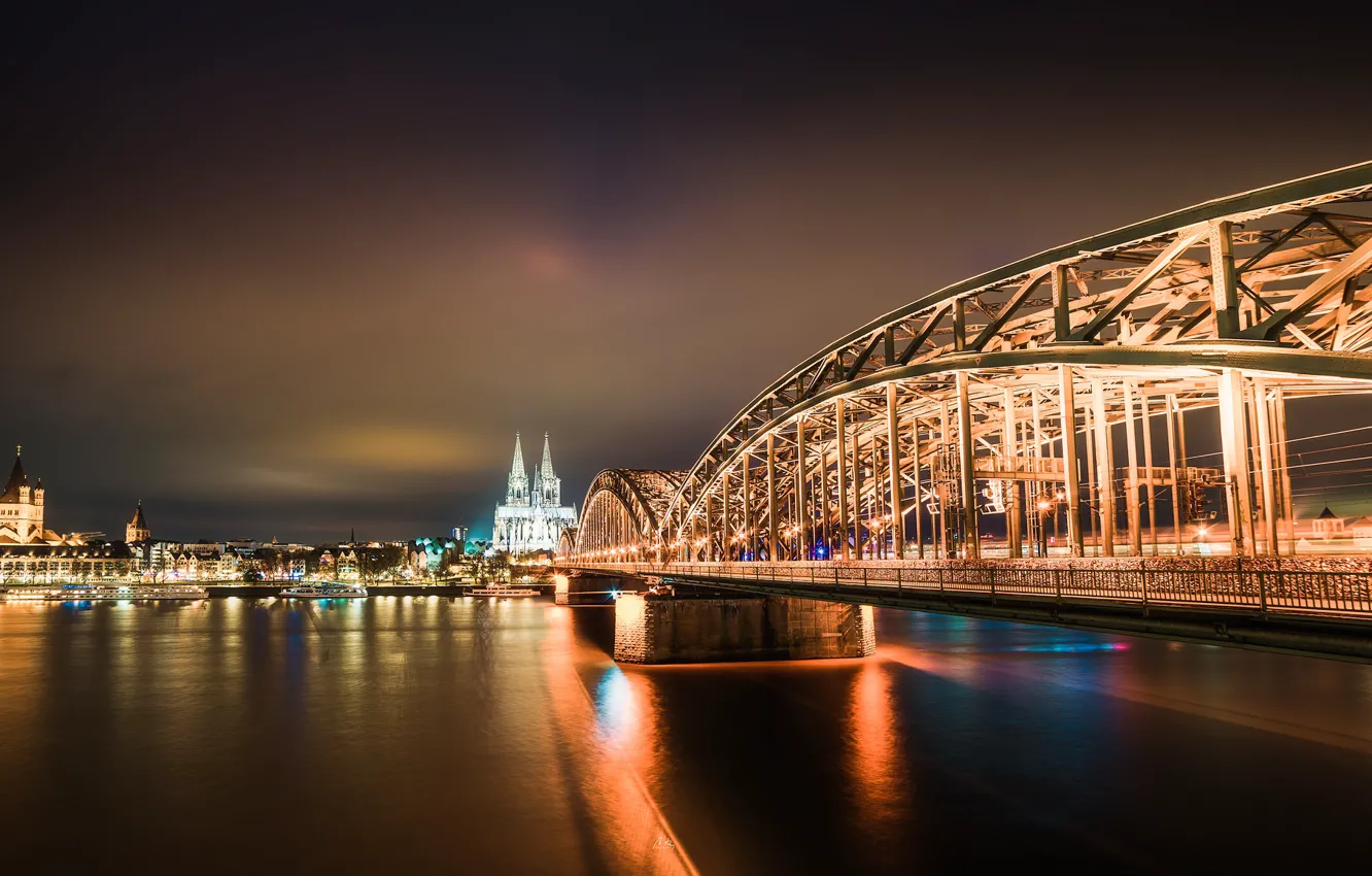 Photo wallpaper night, bridge, Cologne