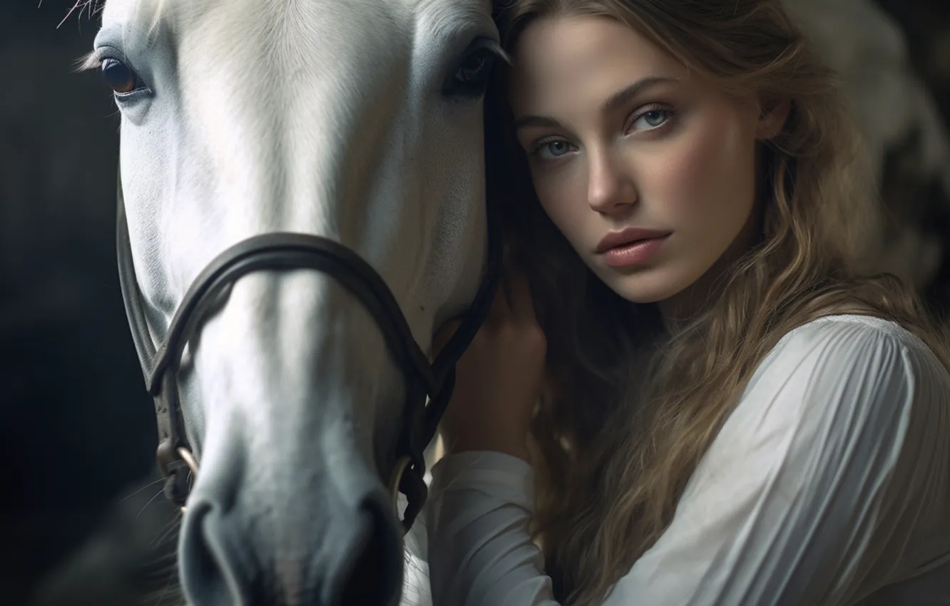 Photo wallpaper white, look, girl, each, horse, horse, portrait, blonde