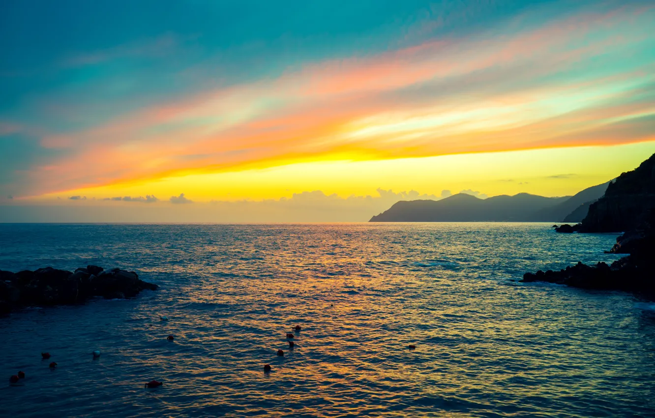 Photo wallpaper sea, the sky, sunset, mountains, stones, rocks, coast, horizon