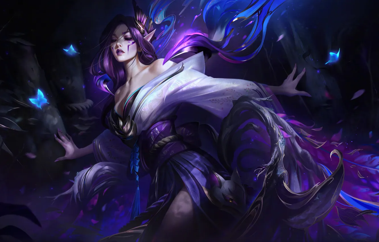Photo wallpaper purple, movement, butterfly, neckline, game, gesture, characters, League of Legends