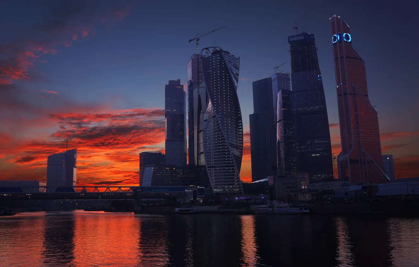 Photo wallpaper Sunset, The sky, Clouds, River, Skyscrapers, Moscow, Russia, Moscow-City