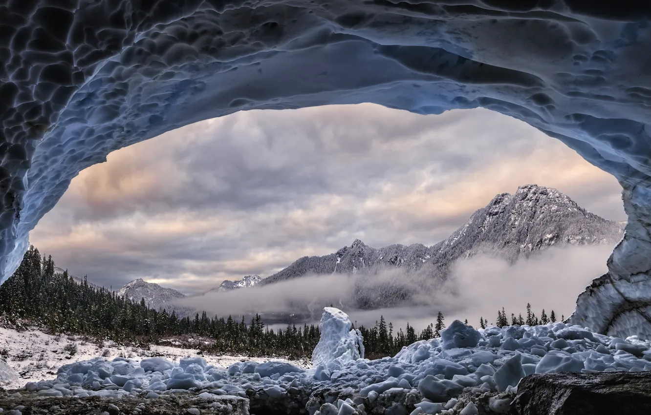 Photo wallpaper winter, the sky, snow, trees, mountains, clouds, nature, rocks