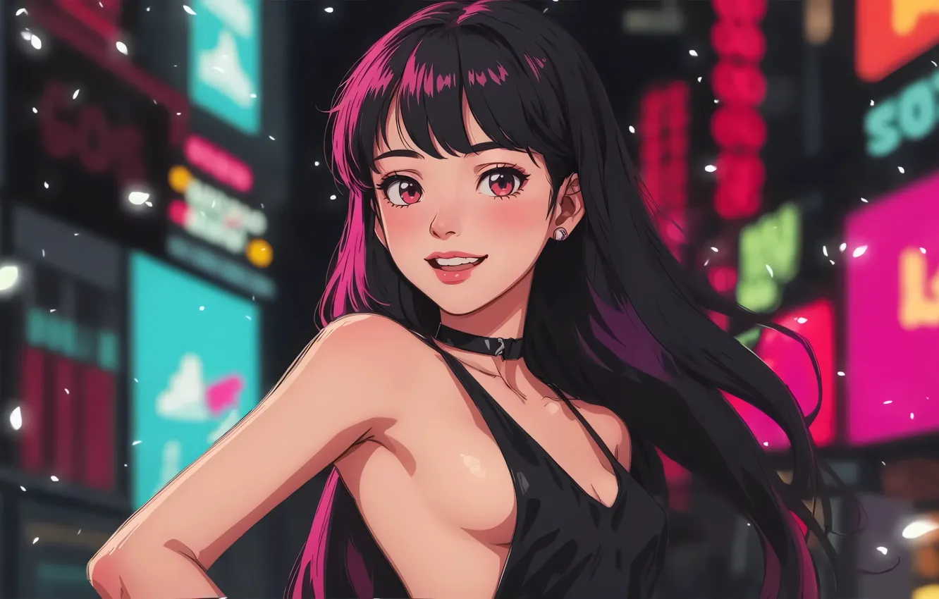 Photo wallpaper city, long hair, city lights, digital art, artwork, smiling, anime girls, Small Boobs