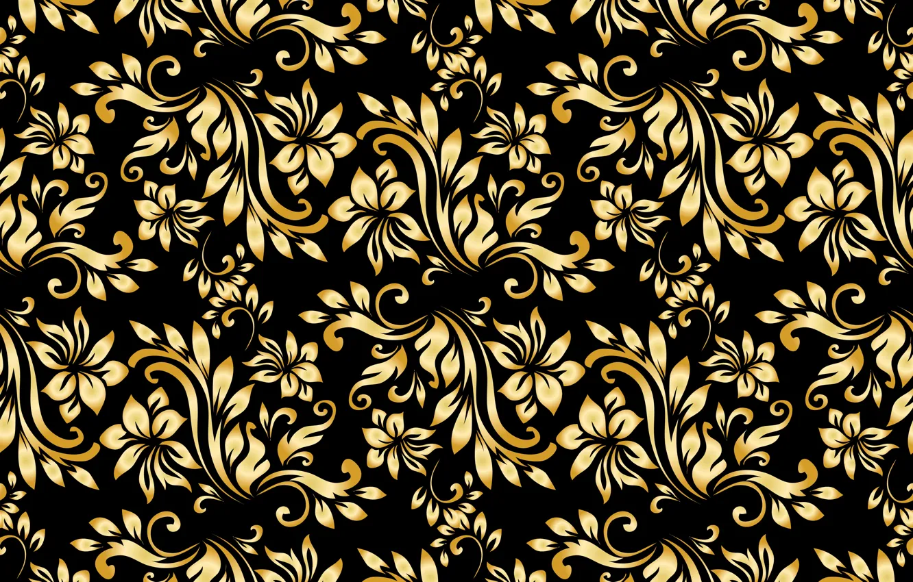 Photo wallpaper flowers, background, pattern, black, gold