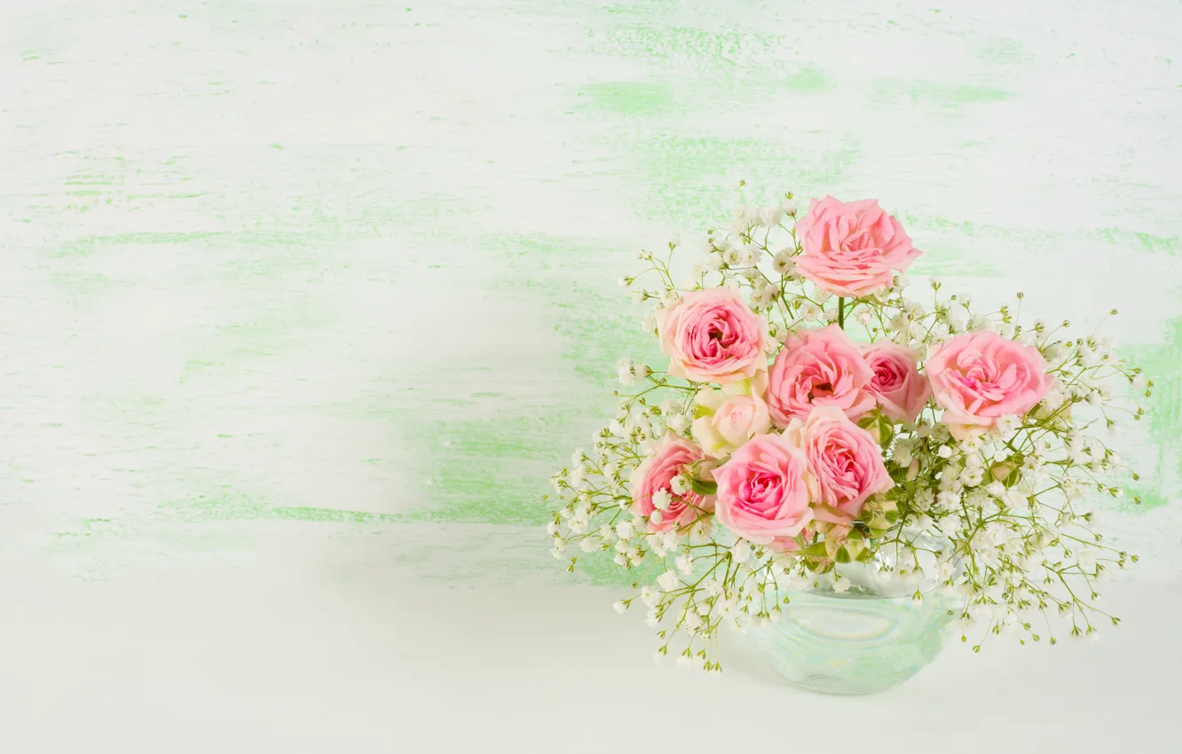 Photo wallpaper table, bouquet, vase, roses