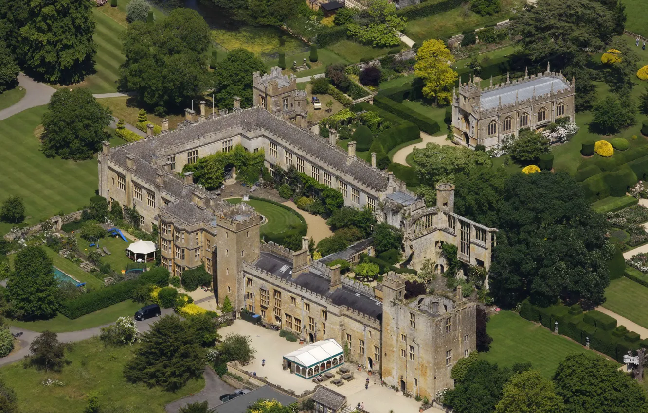 Photo wallpaper trees, design, castle, wall, lawn, garden, panorama, UK