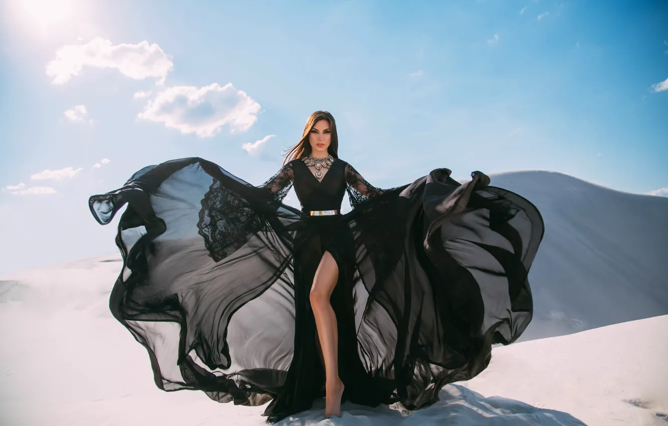 Photo wallpaper sand, clouds, decoration, pose, black dress, clouds, Sands, blue sky