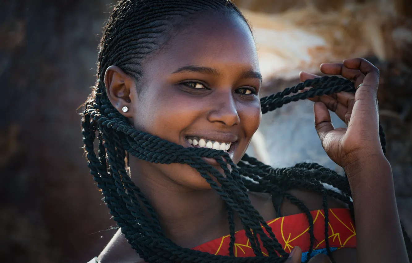Photo wallpaper laughter, braids, black girl, African portrait