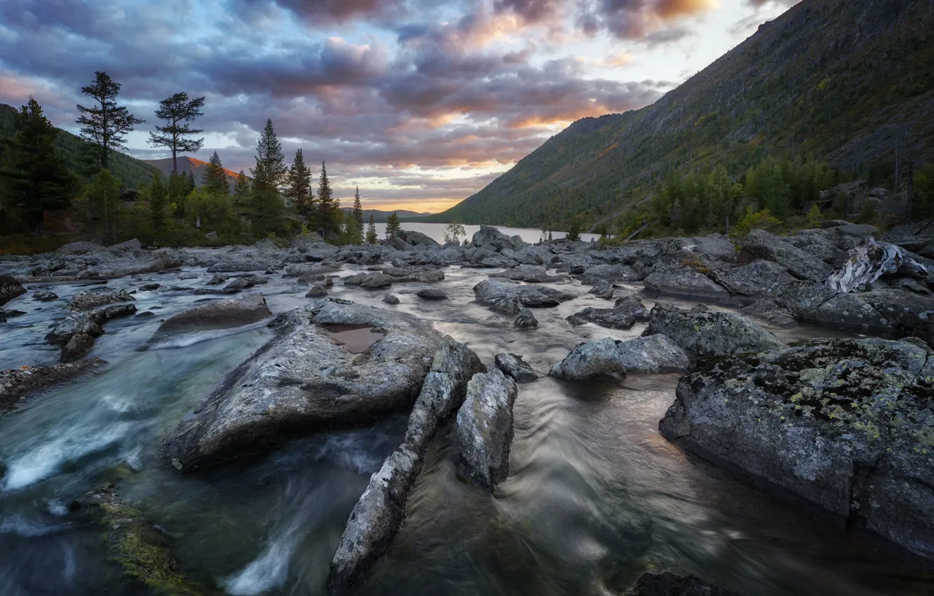 Photo wallpaper trees, landscape, mountains, clouds, nature, lake, stones, roll