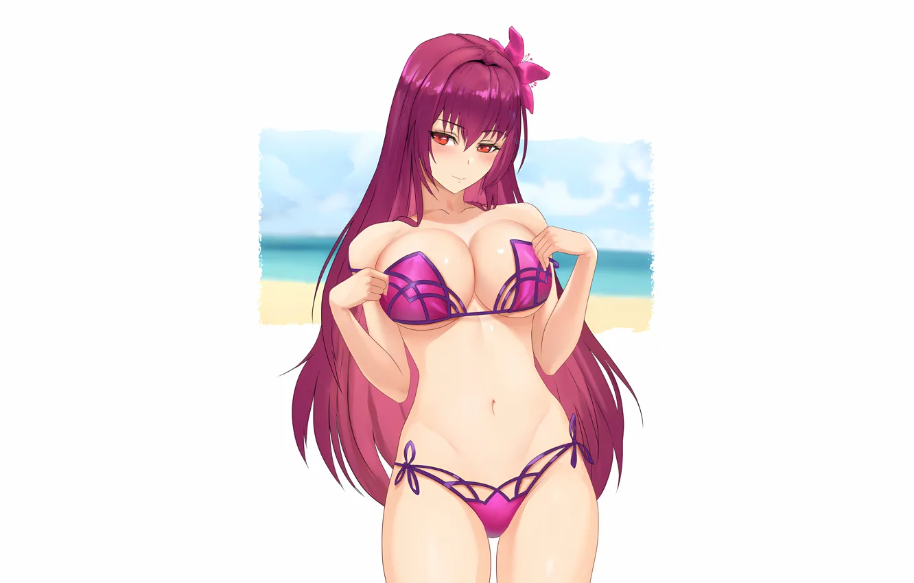 Photo wallpaper girl, sexy, cleavage, pink hair, long hair, boobs, anime, beautiful