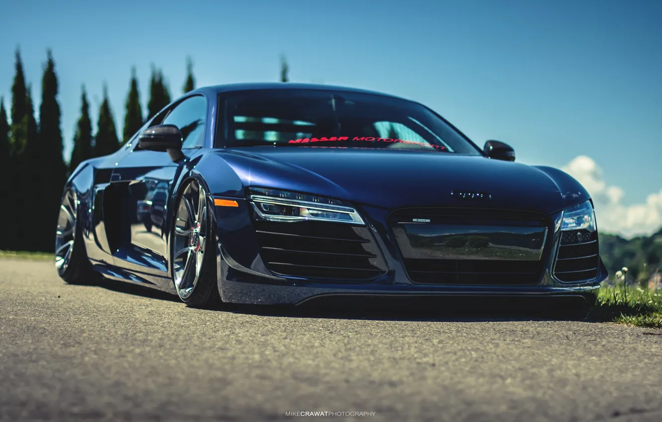 Photo wallpaper Audi, Audi, Blue, Machine, Lights, Audi R8, Supercar, The front