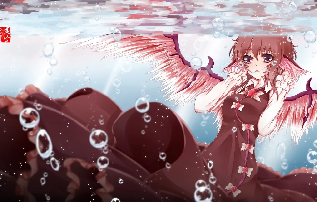 Photo wallpaper girl, bubbles, wings, anime, art, under water, touhou, mystia lorelei