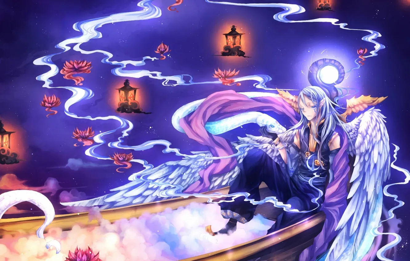 Photo wallpaper white, the sky, stars, flowers, boat, snake, wings, art