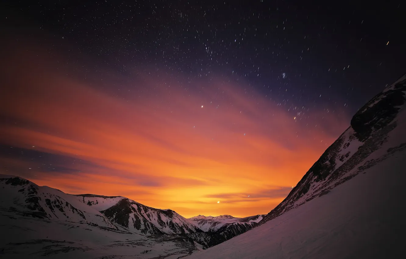 Photo wallpaper stars, snow, mountains, night, the evening