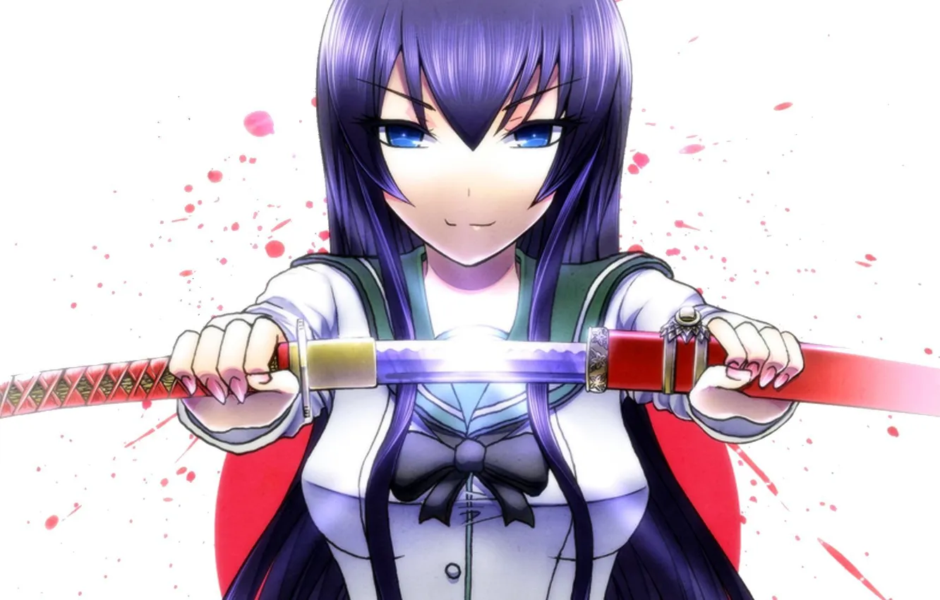 Photo wallpaper girl, background, blue hair, Saeko Busujima, look. sword