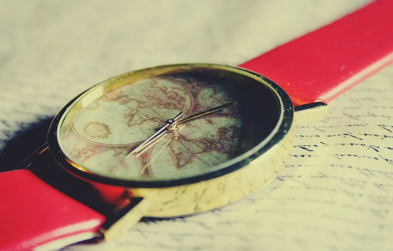 Photo wallpaper world, red, vintage, retro, old, map, clock