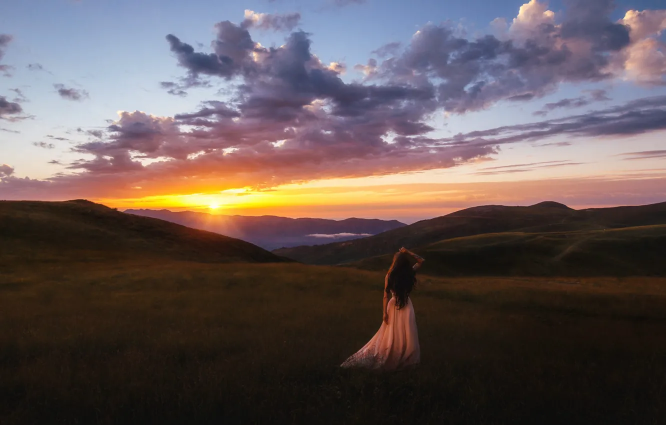 Photo wallpaper mountains, romance, look into the distance, girl, field, dal, hills, the sun