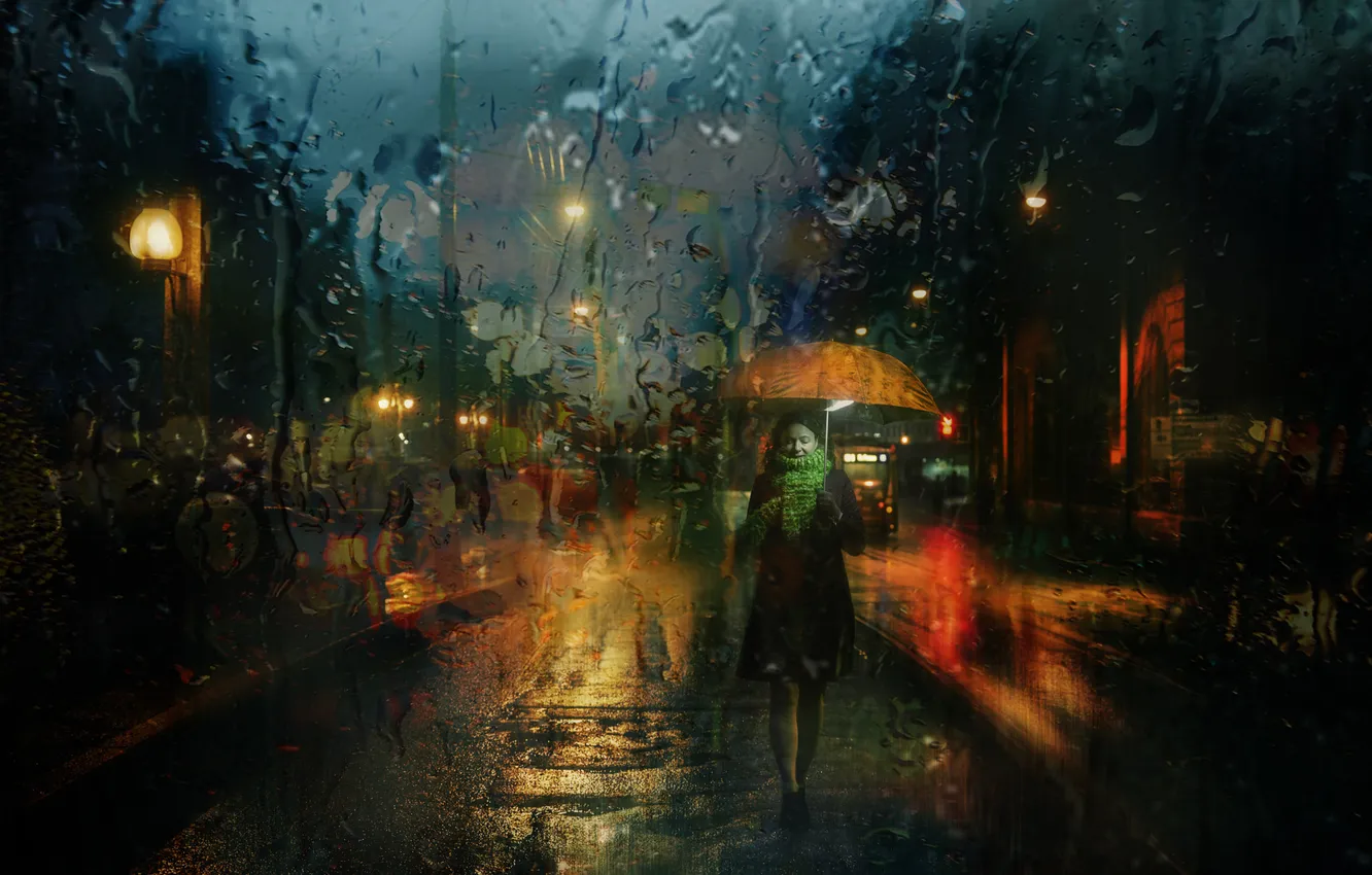 Photo wallpaper road, glass, girl, drops, light, night, the city, rain