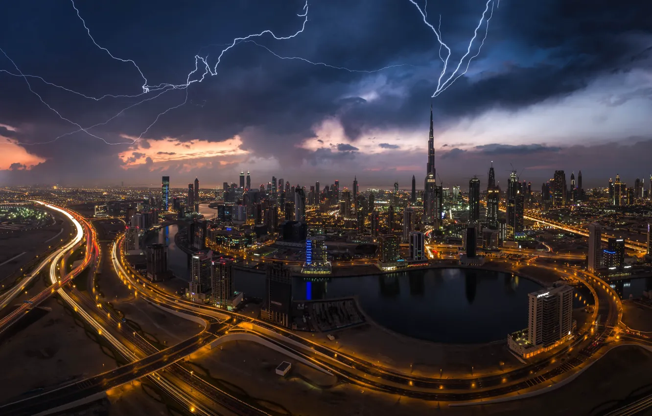 Photo wallpaper the city, lights, zipper, lightning, the evening, Dubai, UAE, Burj Khalifa