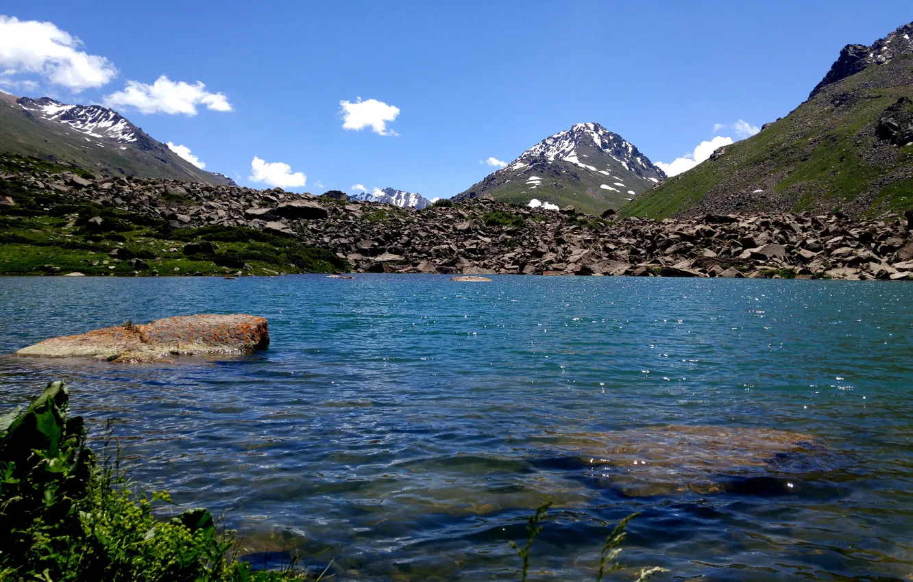 Photo wallpaper mountains, lake, mountain lake, the tops of the mountains