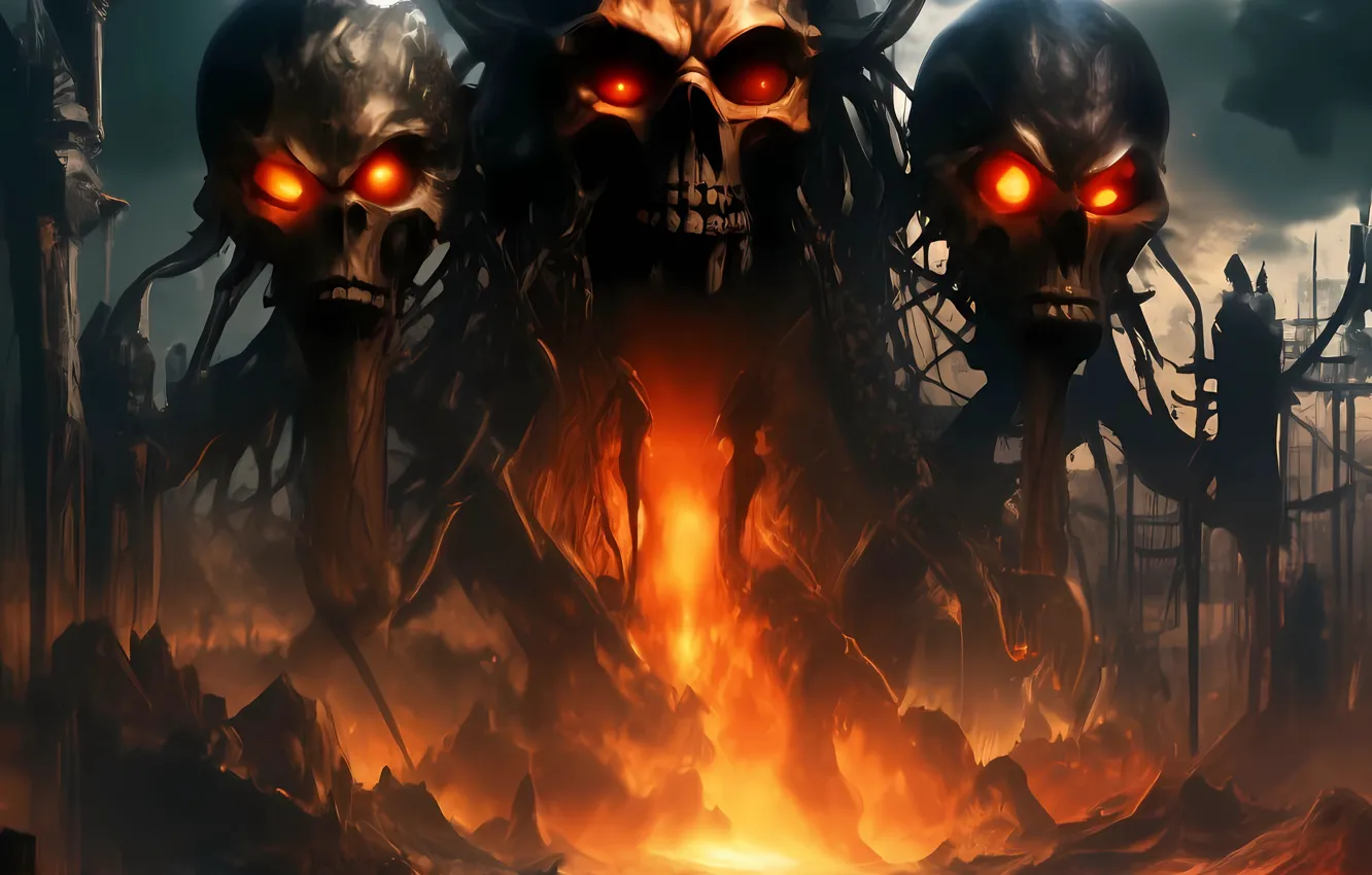 Photo wallpaper lights, skull, fire in the eyes, generator of evil, AI ART