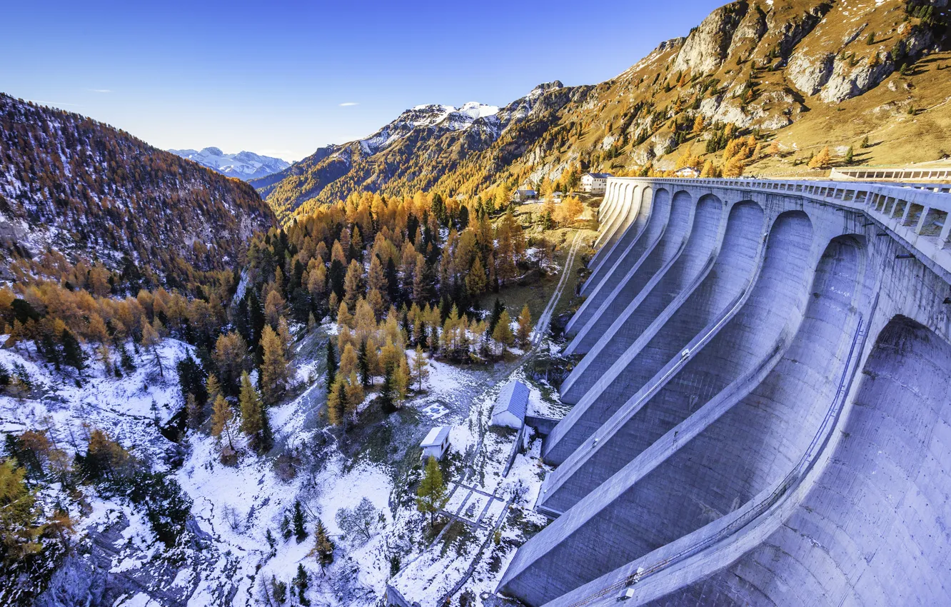 Photo wallpaper autumn, snow, trees, mountains, dam, Italy, Trentino-Alto Adige / Südtirol, Canazei