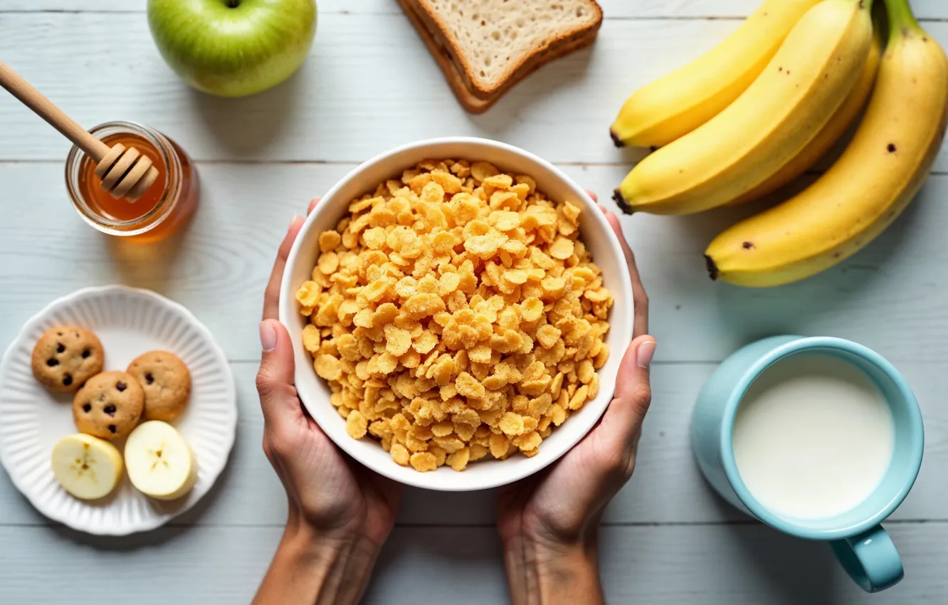 Photo wallpaper apples, milk, honey, bread, bananas, cereal, AI art