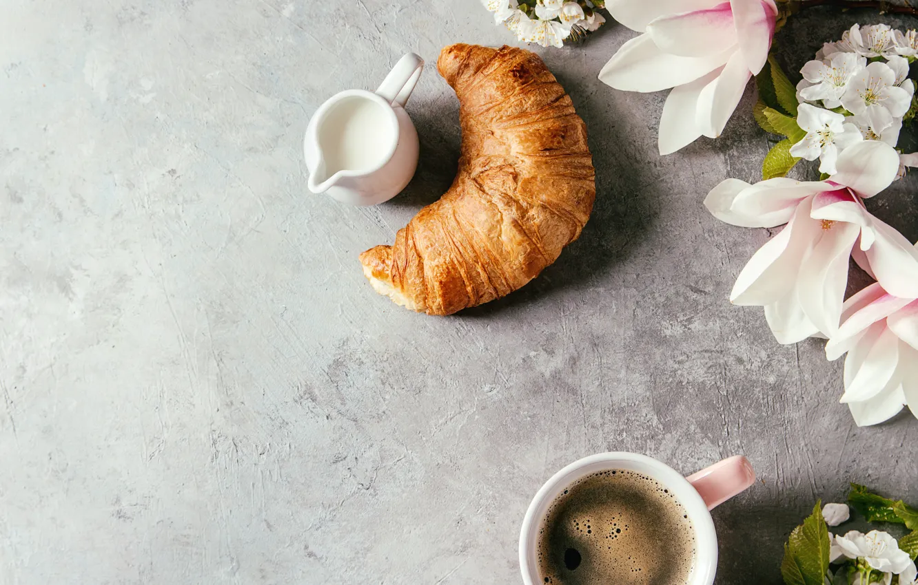 Photo wallpaper flowers, coffee, drink, cakes, croissant, Magnolia
