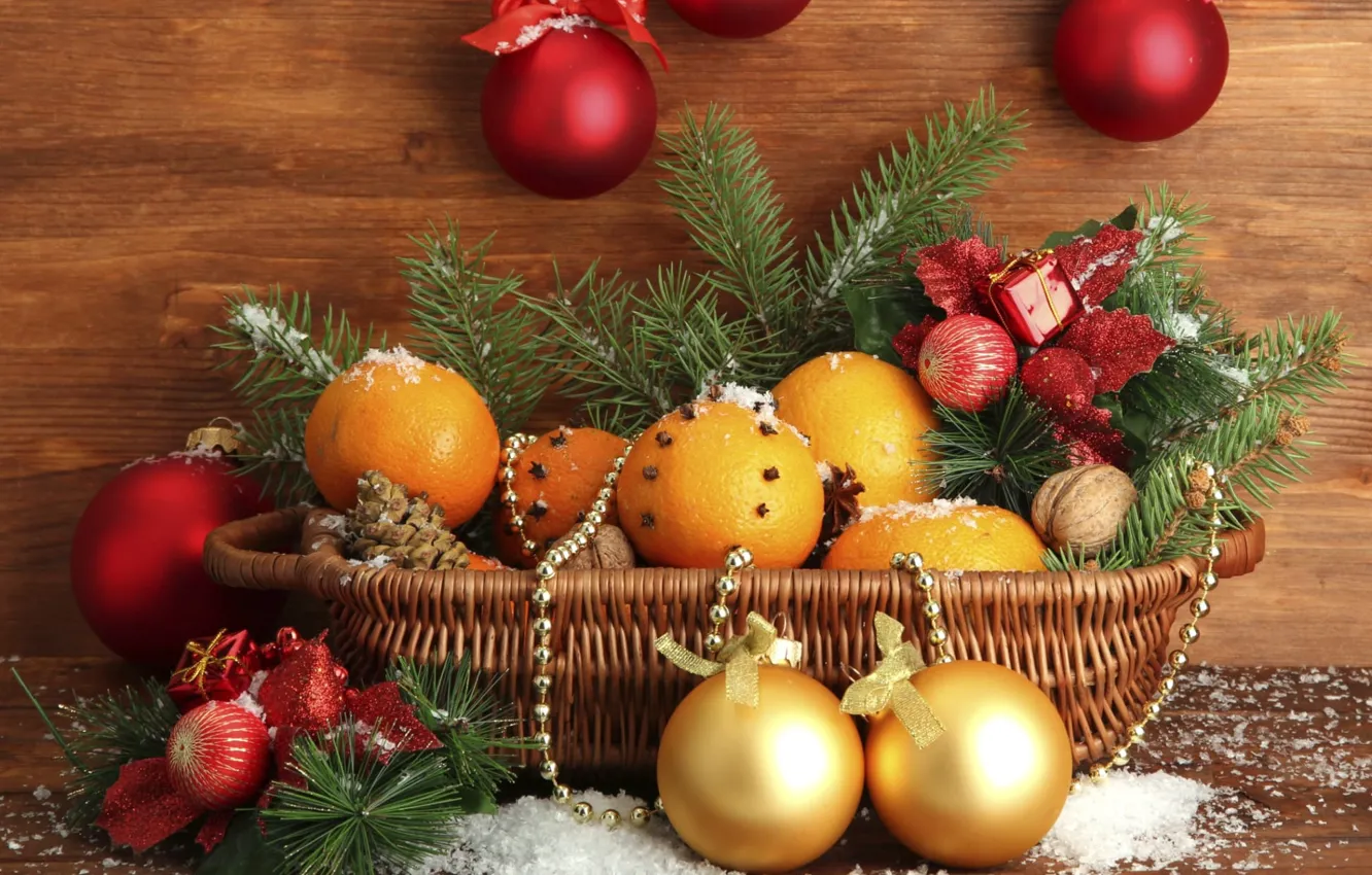 Photo wallpaper new year, Christmas, orange, tangerines, composition, Christmas songs, arrangement in a basket, basket with oranges