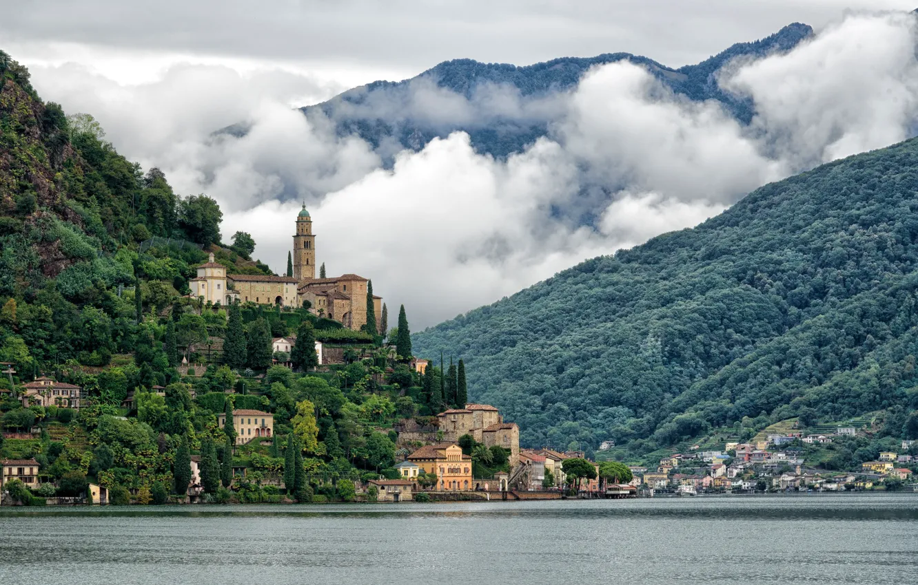 Photo wallpaper forest, clouds, trees, mountains, nature, lake, shore, home