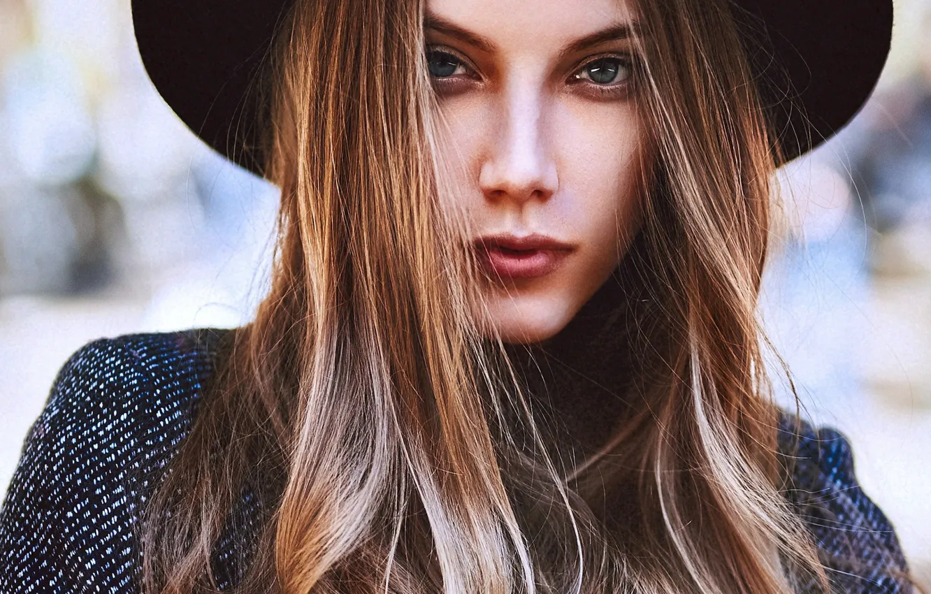 Photo wallpaper look, girl, close-up, face, model, portrait, hat, makeup