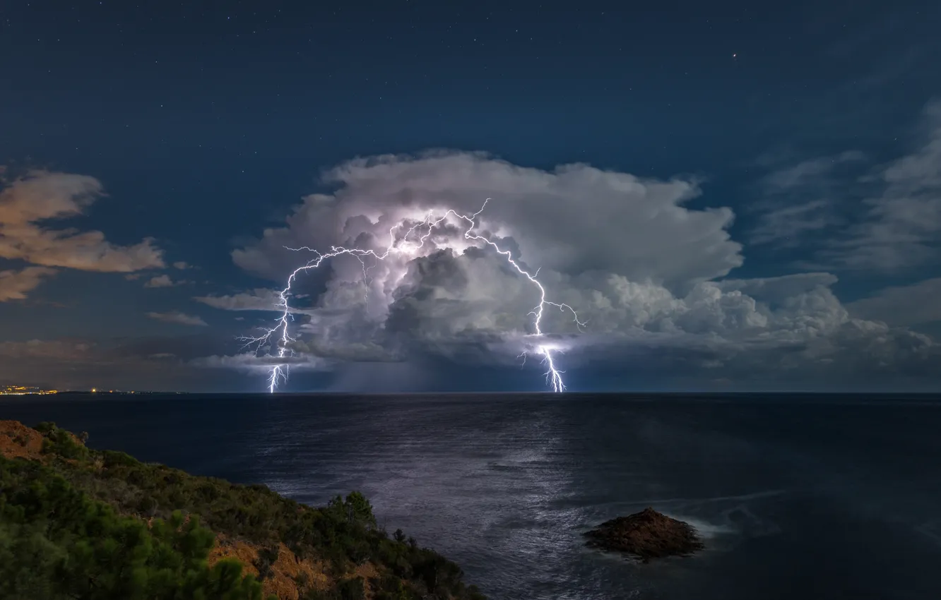 Photo wallpaper sea, the storm, storm, lightning, France, France, Cote d'azur, French Riviera