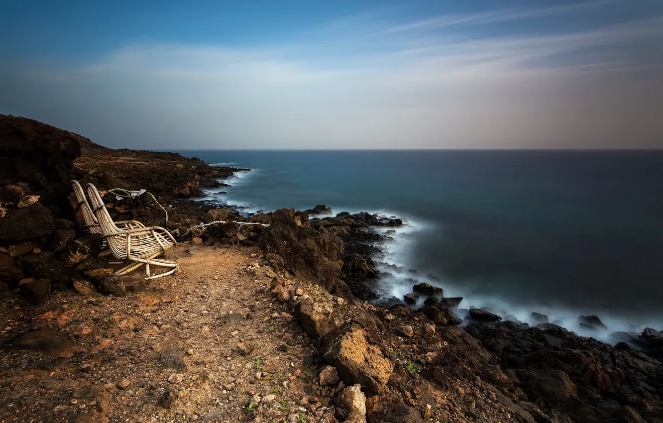 Photo wallpaper sea, landscape, shore, chairs