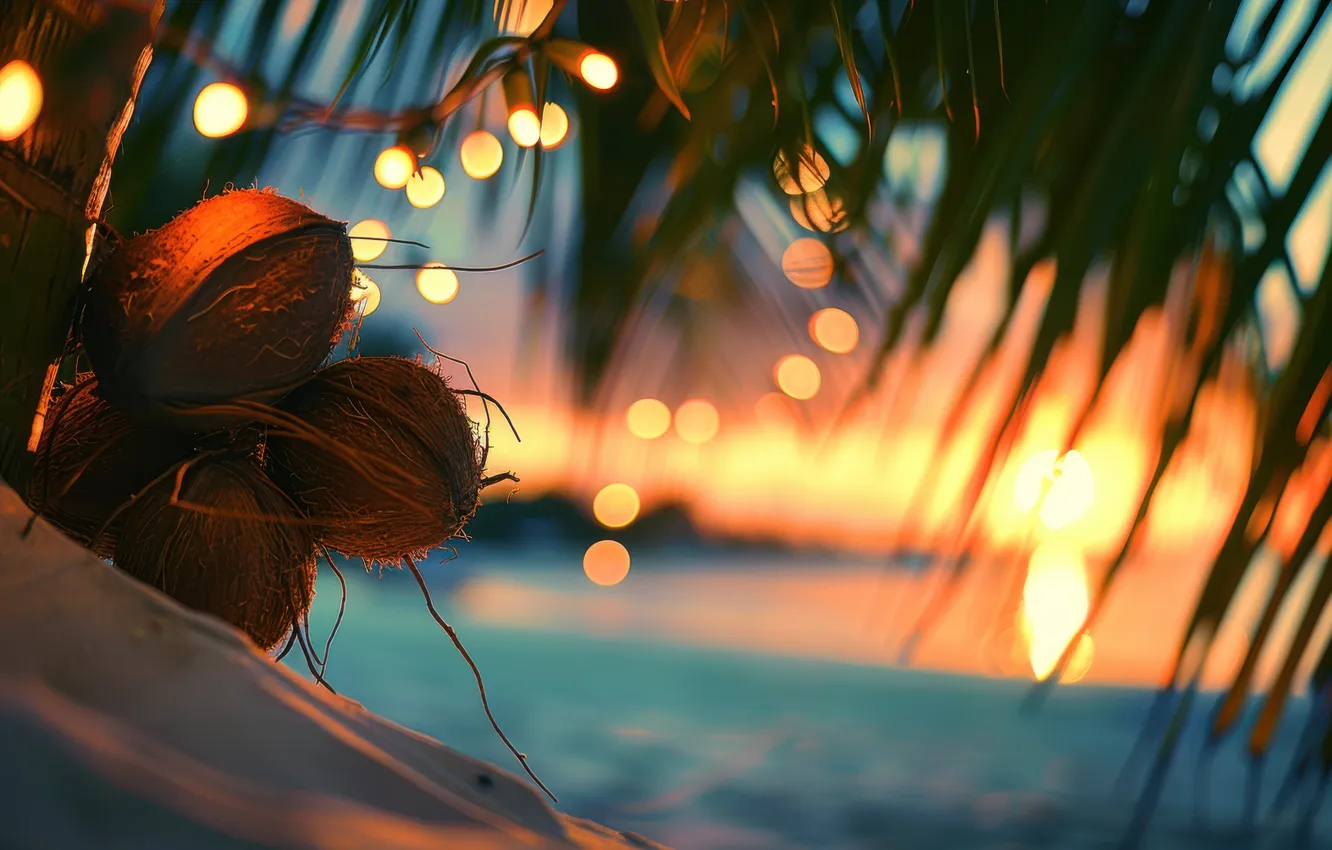 Photo wallpaper sea, beach, the sky, leaves, sunset, lights, tropics, palm trees