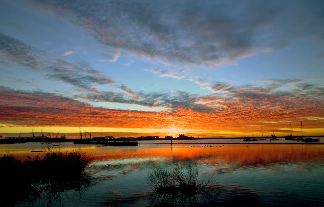 Photo wallpaper sea, the sky, clouds, sunset, boat, crane, port