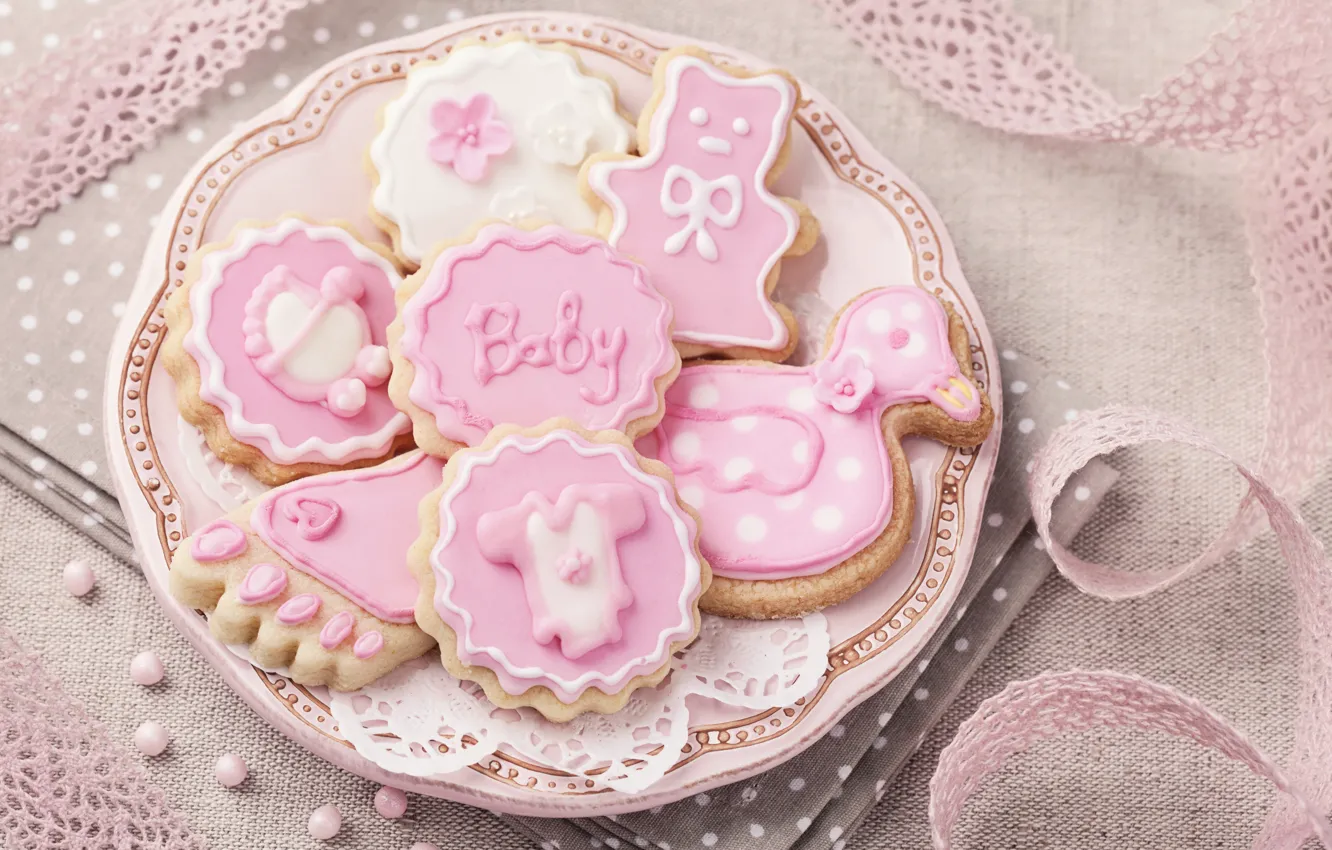 Photo wallpaper decoration, pink, cookies, pink, sweet, glaze, baby, cookies