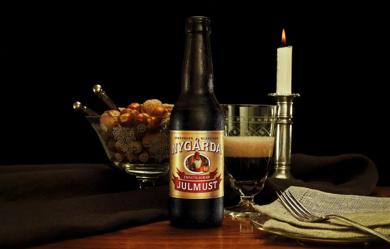 Photo wallpaper glass, beer, candles, drink, plug, nuts, napkin