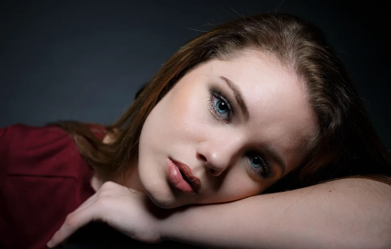 Photo wallpaper look, girl, face, makeup, hairstyle, brown hair, cute, closeup