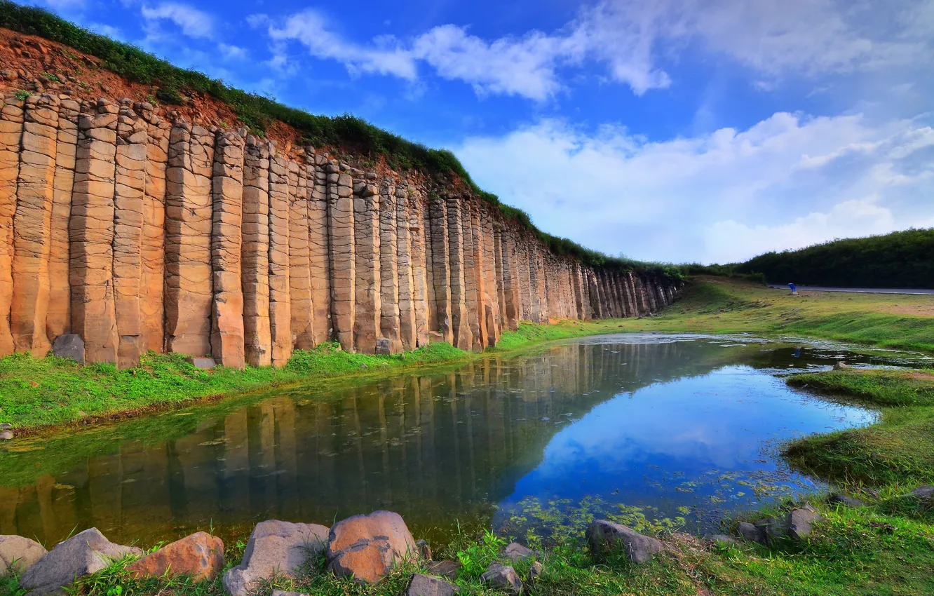 Photo wallpaper lake, rocks, relief