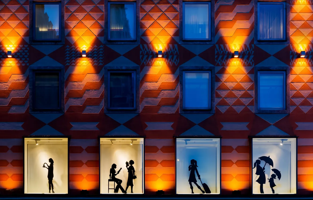 Photo wallpaper night, the city, windows, night, style of the city, silhouettes