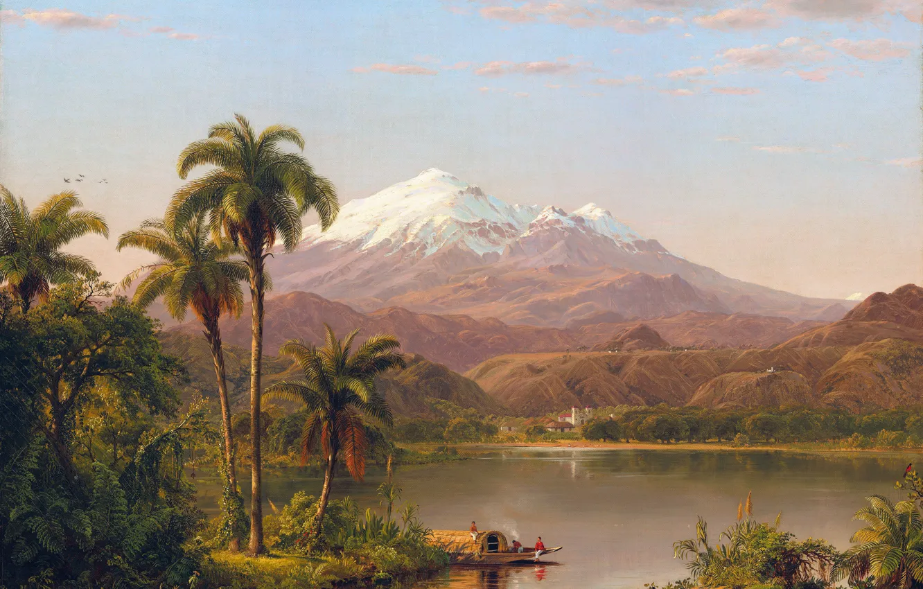 Photo wallpaper Mountains, Boat, People, Palm trees, Picture, Frederic Edwin Church, Frederic Edwin Church, Tamaca Palm Trees