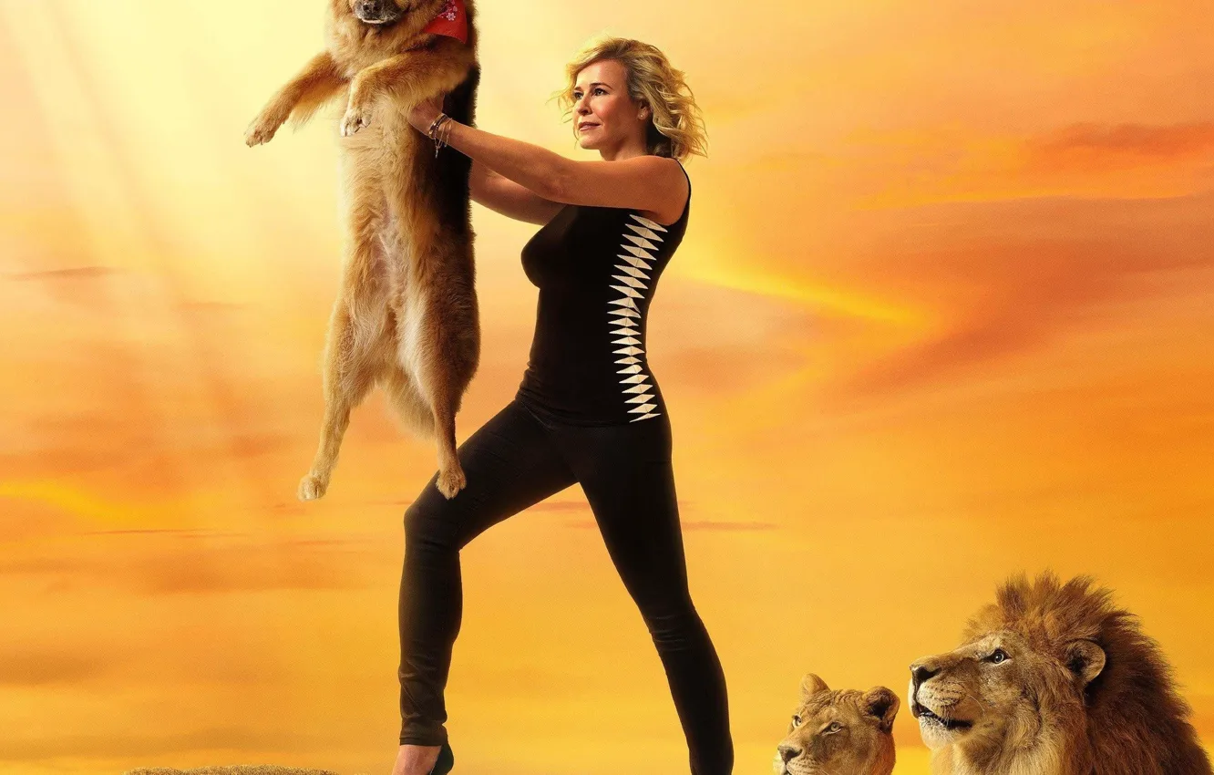 Photo wallpaper sunshine, sky, nature, dog, lion, women, animal, blonde