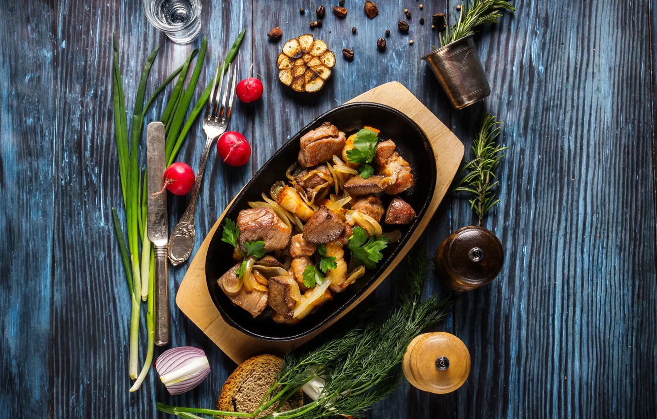 Photo wallpaper greens, meat, vegetables, wood, spices, potatoes, hot