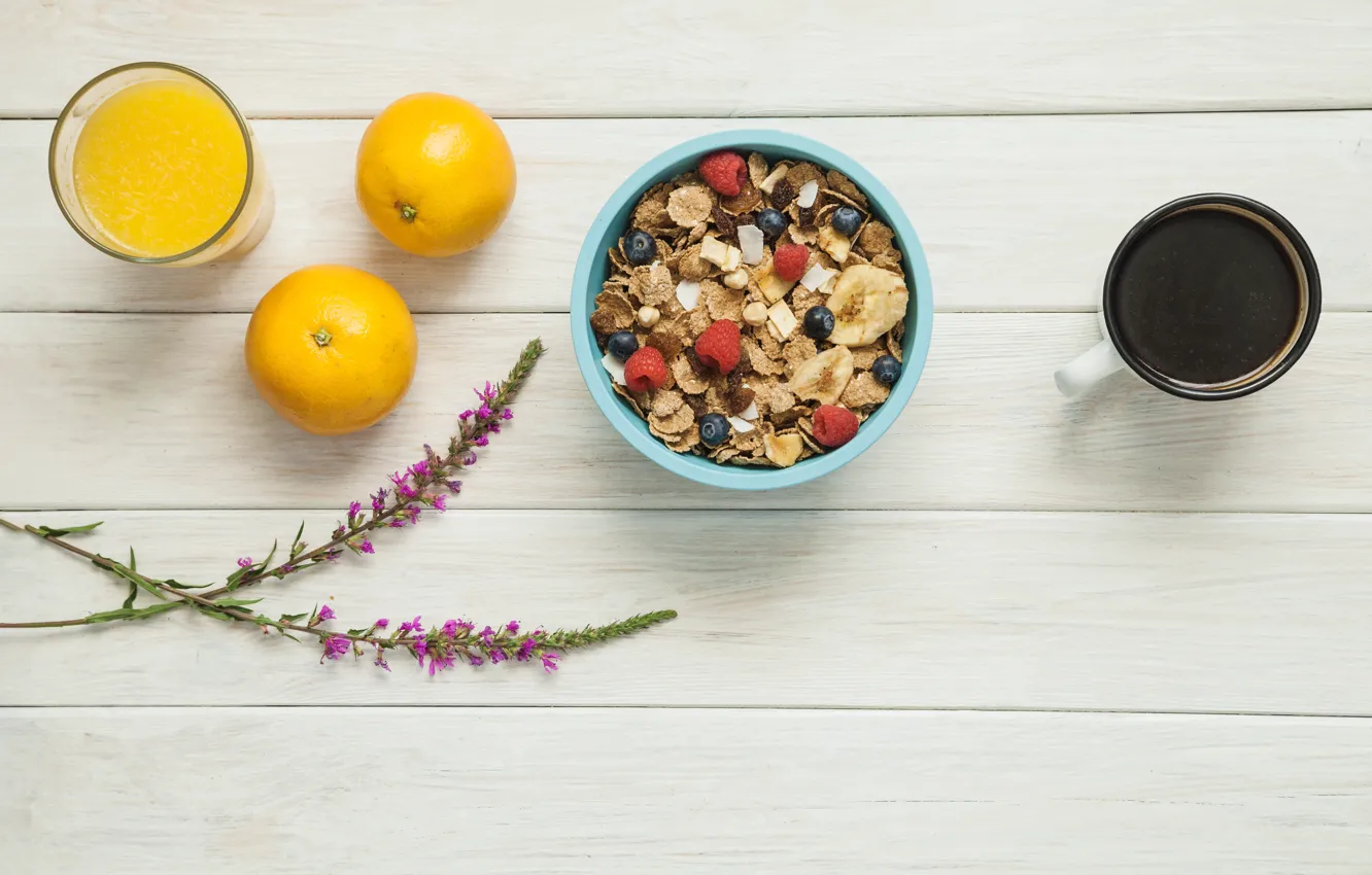 Photo wallpaper berries, juice, Breakfast, coffee, cereal