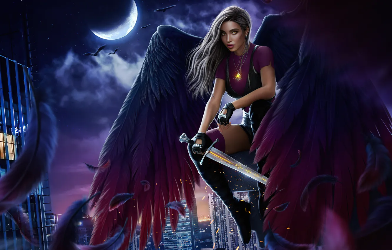 Photo wallpaper girl, night, the moon, hair, wings, angel, sword, illustration to the book