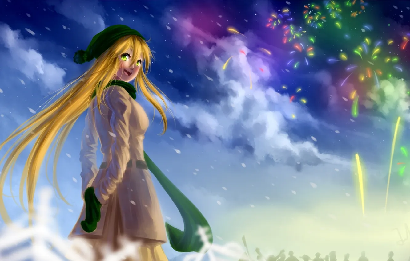 Photo wallpaper winter, the sky, girl, clouds, snow, joy, hat, the crowd