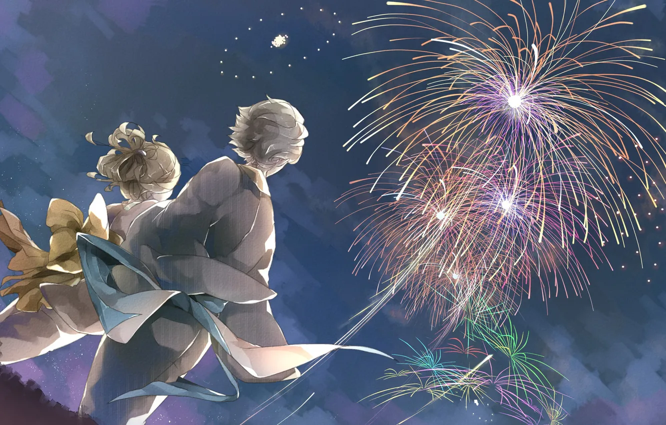 Photo wallpaper the sky, girl, night, anime, art, fireworks, guy, kimono