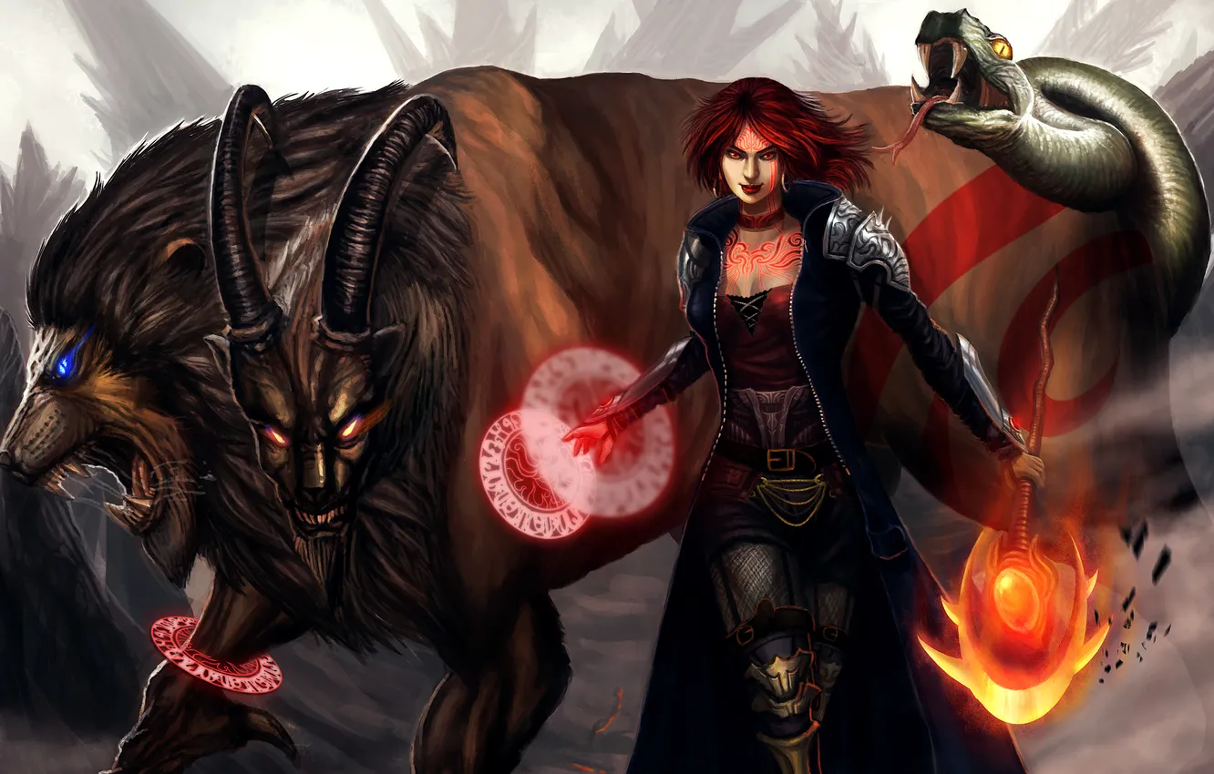 Photo wallpaper look, girl, lights, fiction, magic, pattern, snake, head